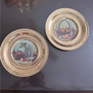 Vintage Decorative Brass Wall Plates with Fruit Scene Insets - Gold Tone